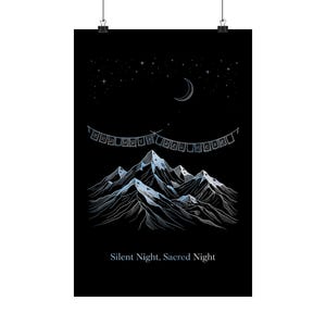 Silent Night Poster, Celestial Christmas Wall Art, Himalaya Mountain Print 12x18, Prayer Flags Decor, Blue Silver Holiday Decor, Nepal Gift
