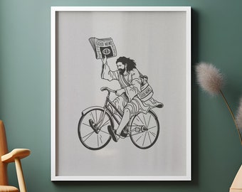Jesus on a Bike Delivering The Good News, Poster Print, Christian Wall Art, Famous Paintings, House Warming Gift, Home Decor Art, Room Decor