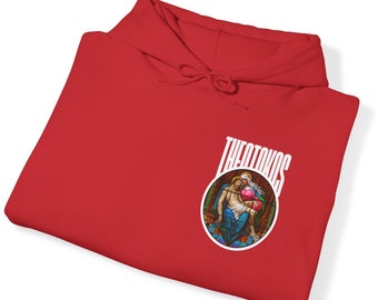 May include: Red hooded sweatshirt with a white graphic of a stained glass window depicting a religious scene. The text "THEOTOCOS" is printed in white above the image.