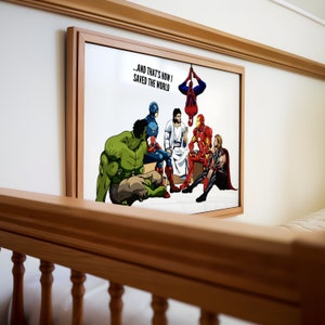 Póster "Jesús y los superhéroes: así salvé al mundo", láminas de arte cristiano, arte mural cristiano, regalos para inauguración de casa, regalos cristianos.