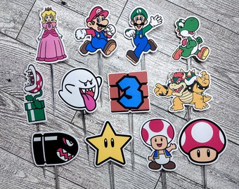 Adornos personalizados para cupcakes de Mario, cumpleaños de Mario, fiesta de Super Mario, Super Mario