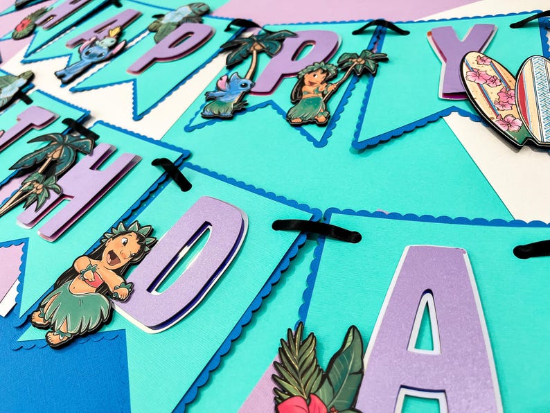 Puede incluir: Una colorida pancarta con las palabras "HAPPY BIRTHDAY" en letras lilas con un contorno blanco. La pancarta presenta personajes de dibujos animados, palmeras y tablas de surf sobre un fondo turquesa y azul.