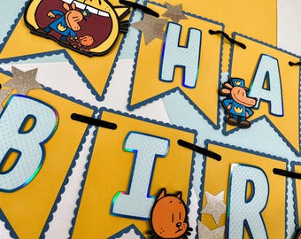 Banner de cumpleaños de Dog Man, decoración de fiesta personalizada