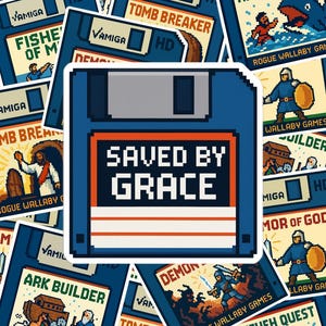 May include: A collection of blue floppy disk stickers with pixelated graphics. The central sticker reads "SAVED BY GRACE" in white block letters. Other stickers feature retro video game-style art and text like "Tomb Breaker" and "Nineveh Quest."