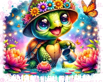 Tropical Turtle Clipart, Watercolor Floral Sea Turtle (PNG Digital Download)