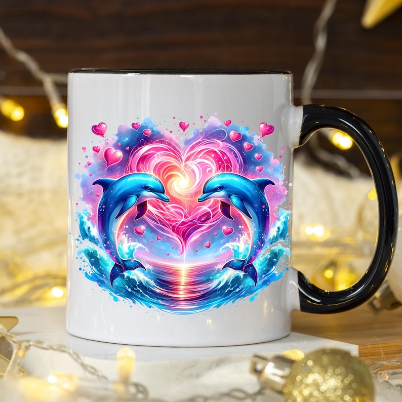 Puede incluir: Taza de cer&aacute;mica blanca con asa y borde negros. La taza presenta una ilustraci&oacute;n vibrante de dos delfines azules saltando uno hacia el otro, formando un coraz&oacute;n con un fondo rosa y morado. Peque&ntilde;os corazones rosas est&aacute;n dispersos alrededor de los delfines.