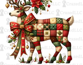 Christmas Reindeer Patchwork PNG - Faux Embroidery Design (Digital Download)