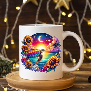 May include: White ceramic mug featuring a colorful illustration of a sea turtle, sunflowers, and a sunset over the ocean. The design includes a crescent moon, stars, and a palm tree. The mug has a curved handle.