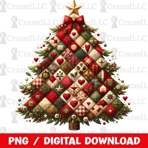 May include: A digital illustration of a Christmas tree with a patchwork design. The tree is composed of red, green, and cream-colored squares, some featuring hearts, stars, and other festive motifs. A gold star tops the tree, with a red bow beneath it. The text "PNG / DIGITAL DOWNLOAD" is at the bottom.