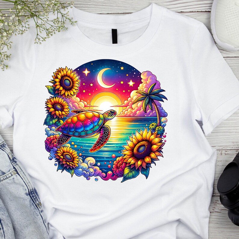May include: White t-shirt featuring a vibrant graphic of a sea turtle swimming in front of a sunset over the ocean. The design includes sunflowers, a crescent moon, and a palm tree, all in bright colors.
