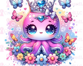Cute Octopus Princess PNG, Sea Animal Clipart (Digital Download)