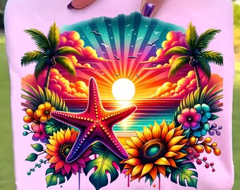 Starfish Summer Vibes PNG, Retro Floral Beach Design (Digital Download)