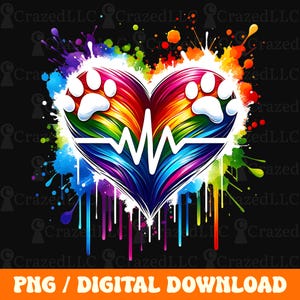 May include: A vibrant digital design featuring a heart shape with a rainbow gradient, paw prints, and a white heartbeat line. Colorful paint splatters surround the heart on a black background. The text "PNG / DIGITAL DOWNLOAD" is at the bottom.