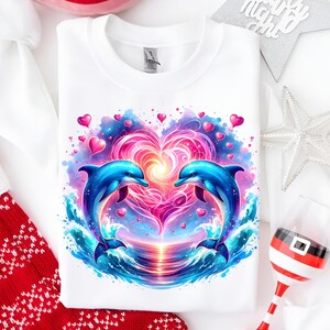 Puede incluir: Sudadera blanca con una colorida ilustraci&oacute;n de dos delfines azules emergiendo de las olas, formando un coraz&oacute;n con tonos rosas y morados. Corazones rosas y una puesta de sol completan el dise&ntilde;o. Tema rom&aacute;ntico y festivo.