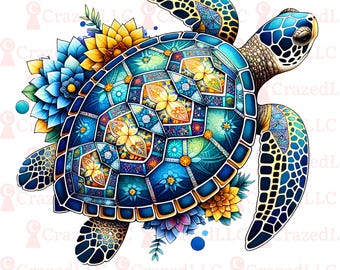 Watercolor Floral Sea Turtle Clipart, Tropical PNG (Digital Download)