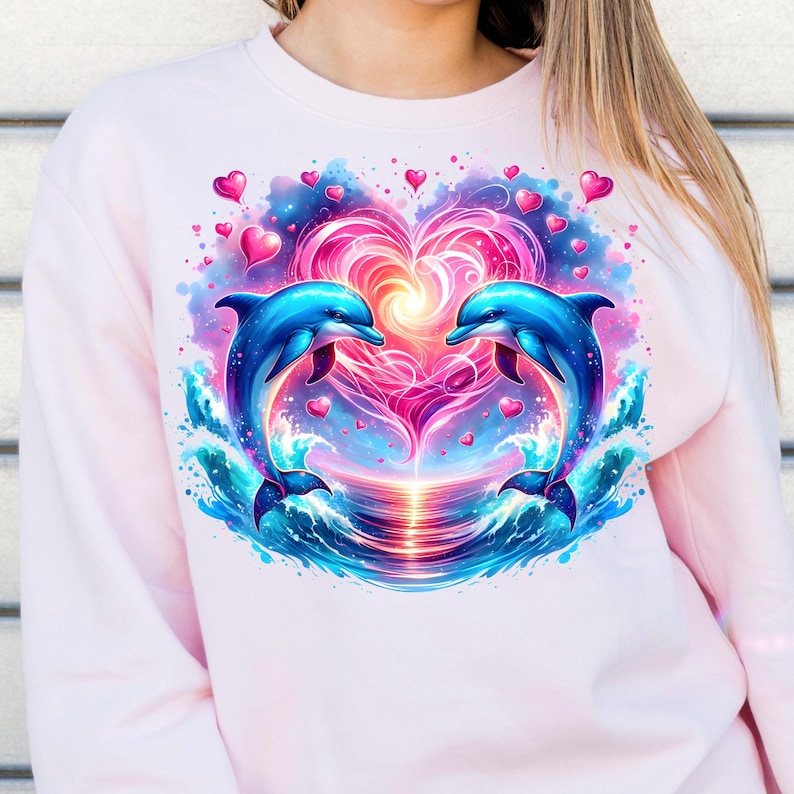 Puede incluir: Sudadera rosa claro con un gr&aacute;fico vibrante de dos delfines azules saltando de las olas, formando un coraz&oacute;n. Corazones rosas y un fondo de puesta de sol colorido completan el dise&ntilde;o.