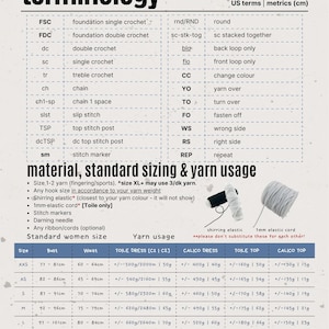 May include: A crochet terminology chart with US terms and metric measurements. Includes abbreviations for crochet stitches like single crochet, double crochet, and chain. Also shows yarn usage and standard women's sizes with bust and waist measurements in centimeters.