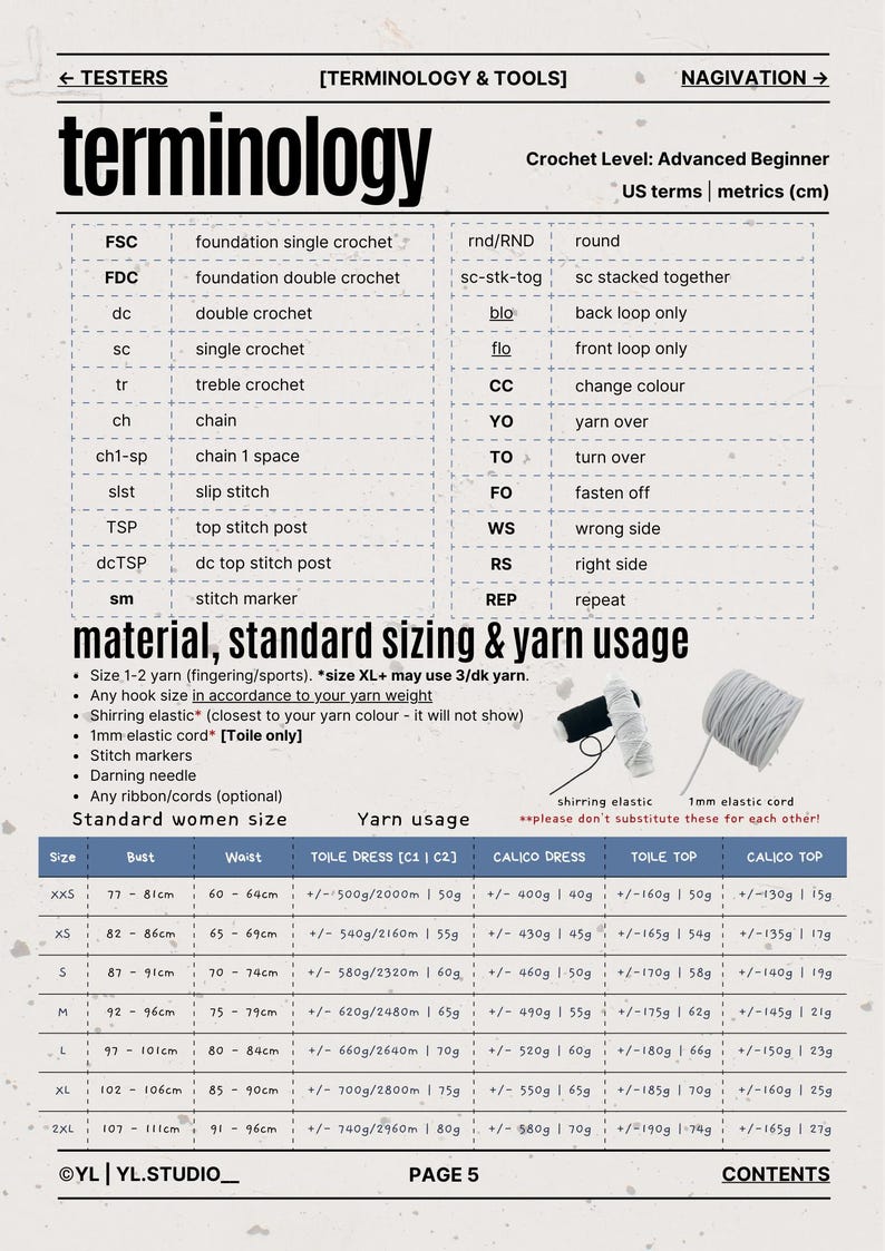 May include: A crochet terminology chart with US terms and metric measurements. Includes abbreviations for crochet stitches like single crochet, double crochet, and chain. Also shows yarn usage and standard women's sizes with bust and waist measurements in centimeters.