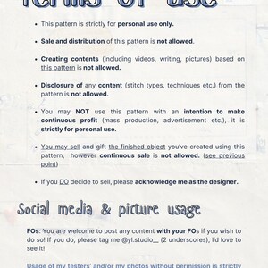 May include: A page from a document titled "terms of use" with blue text on a light blue background. The text outlines usage restrictions, including personal use only, and social media guidelines. The page includes the designer's social media handle.