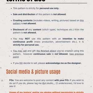 May include: A page titled "terms of use" with black text on a light background. The text outlines the conditions for using a pattern, including personal use only, restrictions on sale and distribution, and social media usage guidelines.