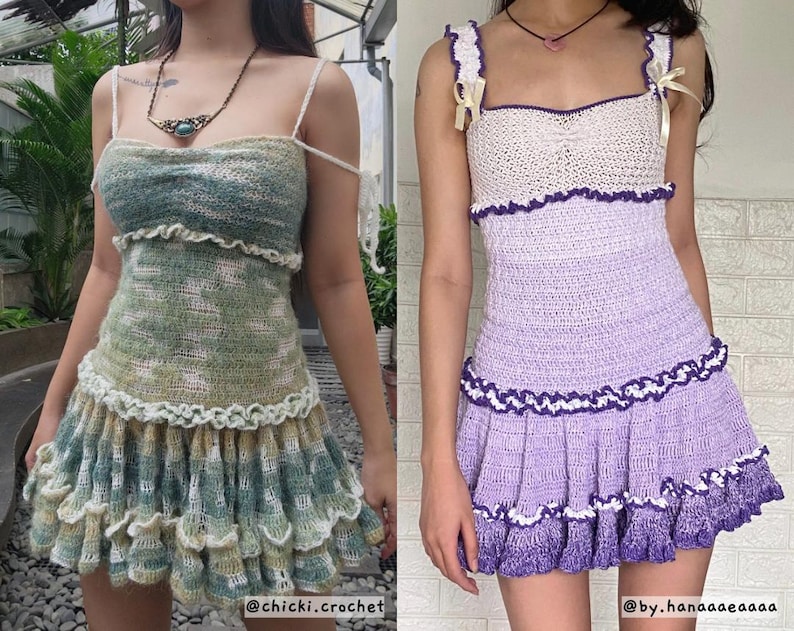 May include: Two handmade crochet dresses. One is green and white, the other is purple and white. Both dresses have a ruffled skirt and spaghetti straps. The green dress has a square neckline, and the purple dress has a sweetheart neckline.