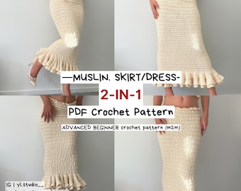May include: A crochet pattern for a skirt or dress, featuring a 2-in-1 design. The pattern is for advanced beginners and includes 18 pages. The image shows a woman wearing the finished garment, which is a cream-colored skirt with a ruffled hem.
