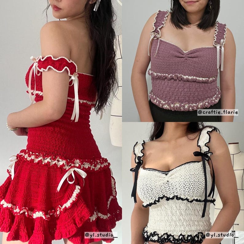 May include: A collection of handmade crochet tops and a dress. The red dress has a ruffled skirt and off-the-shoulder neckline. The tops are in mauve and white, with ruffled edges and bow details. The tops and dress are handmade.