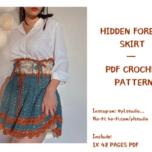 May include: A crochet skirt pattern in PDF format. The pattern includes instructions for a teal and brown crochet skirt with a crocheted belt. The pattern is available for download and includes 48 pages.