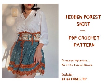 May include: A crochet skirt pattern in PDF format. The pattern includes instructions for a teal and brown crochet skirt with a crocheted belt. The pattern is available for download and includes 48 pages.