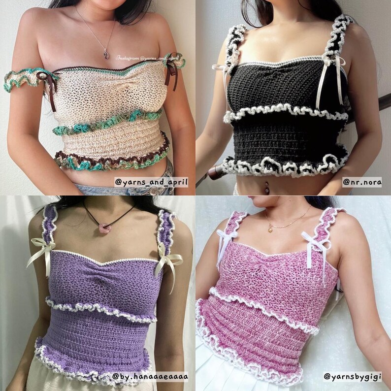 May include: Four handmade crochet tops in different colors: beige, black, purple, and pink. Each top features a ruffled trim and ribbon accents on the straps. The tops are displayed on a person.