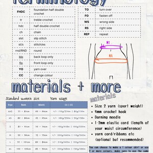May include: A crochet pattern chart with terminology, materials, and women's sizing information. Includes abbreviations, yarn usage, and a diagram. The chart is on a white background with blue and purple accents.