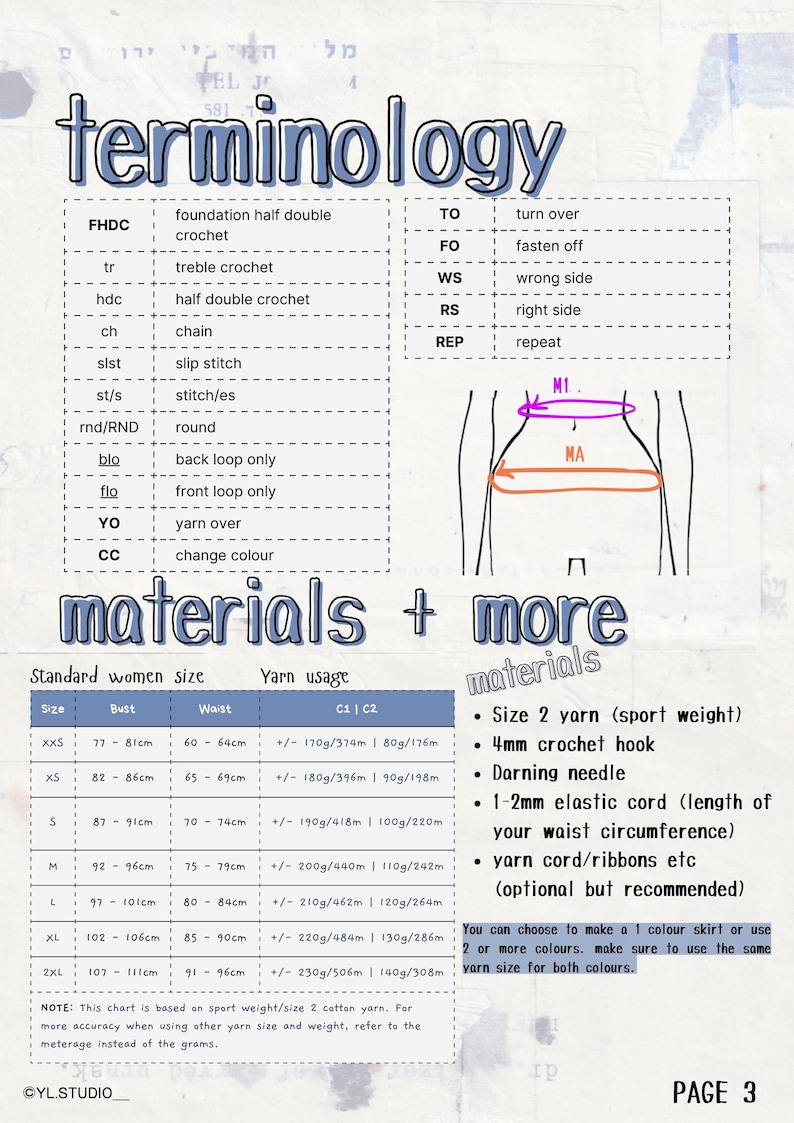 May include: A crochet pattern chart with terminology, materials, and women's sizing information. Includes abbreviations, yarn usage, and a diagram. The chart is on a white background with blue and purple accents.