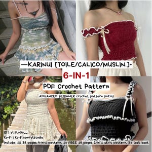 May include: A collage of four crochet tops and a skirt, showcasing different styles and colors. The image includes a red off-the-shoulder top, a black top with white trim, and two other tops in shades of green and beige. Text on the image reads "6-IN-1 PDF Crochet Pattern."