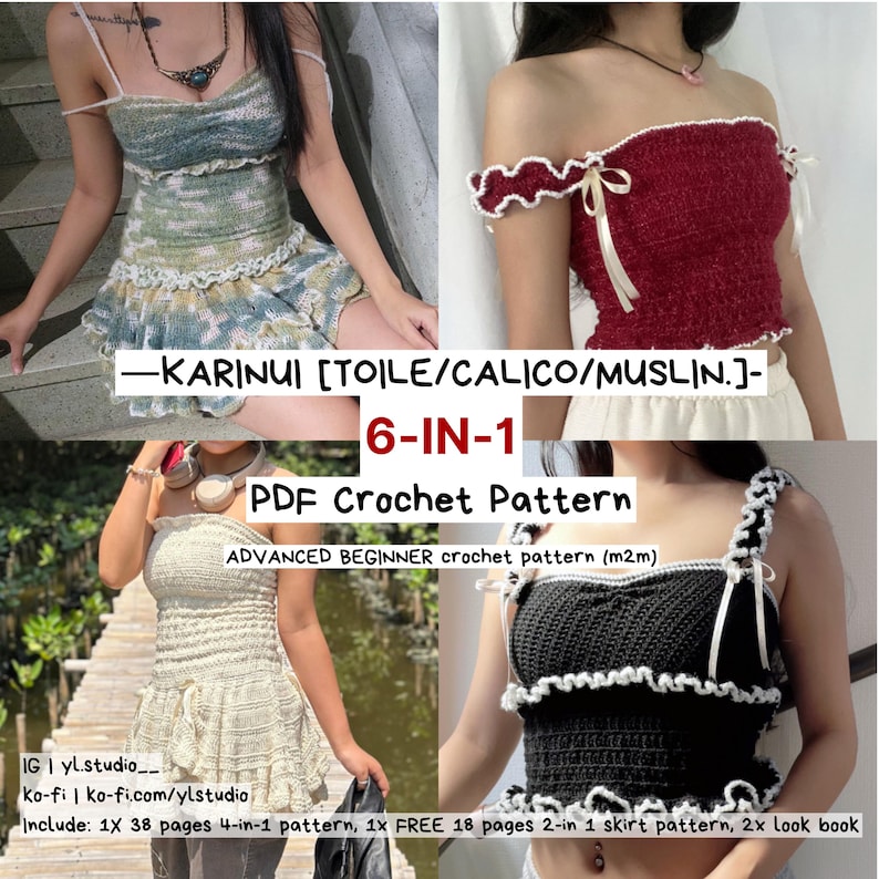 May include: A collage of four crochet tops and a skirt, showcasing different styles and colors. The image includes a red off-the-shoulder top, a black top with white trim, and two other tops in shades of green and beige. Text on the image reads "6-IN-1 PDF Crochet Pattern."