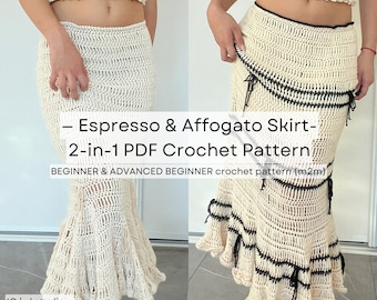 May include: Cream-colored crochet skirt with a flared hem, featuring a detailed openwork design. The skirt has a high waist and a fitted silhouette. The image includes text that reads "Espresso & Affogato Skirt - 2-in-1 PDF Crochet Pattern".