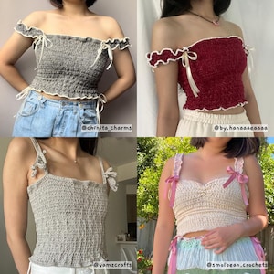 May include: A collage of four handmade crochet tops in various styles and colors. The tops include off-the-shoulder and tank top designs, with details like ribbon ties and decorative edging. Colors range from gray and red to beige, showcasing the versatility of crochet apparel.