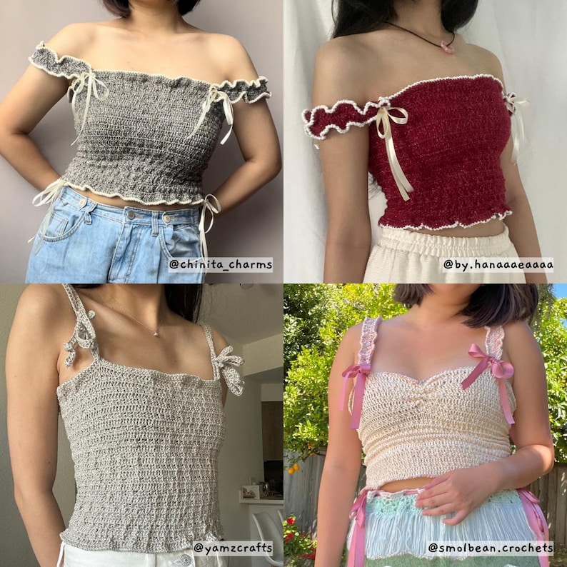 May include: A collage of four handmade crochet tops in various styles and colors. The tops include off-the-shoulder and tank top designs, with details like ribbon ties and decorative edging. Colors range from gray and red to beige, showcasing the versatility of crochet apparel.