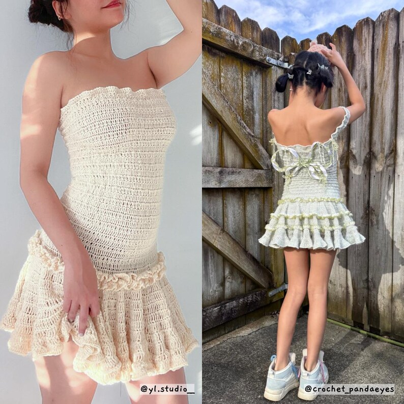 May include: Cream-colored crochet dress with a strapless bodice and ruffled skirt. The dress is handmade, featuring a textured pattern and a playful, feminine design. The image also shows a similar dress with a bow detail on the back.