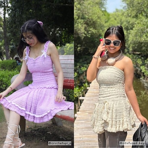 May include: Two crochet dresses in a split image. The left dress is lavender with white trim and straps. The right dress is off-white, strapless, and ruffled. Both dresses are handmade and suitable for summer wear. The image includes the Instagram handles @crochetopi_a and @c0nfused.bug.