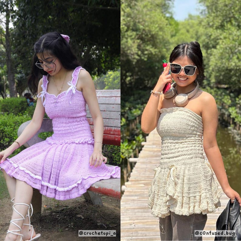 May include: Two crochet dresses in a split image. The left dress is lavender with white trim and straps. The right dress is off-white, strapless, and ruffled. Both dresses are handmade and suitable for summer wear. The image includes the Instagram handles @crochetopi_a and @c0nfused.bug.