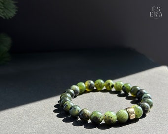 Bracelet canadien en jade néphrite | Jade néphrite véritable | Bracelet extensible | Perles 8 mm | Rempli d'or 14 carats