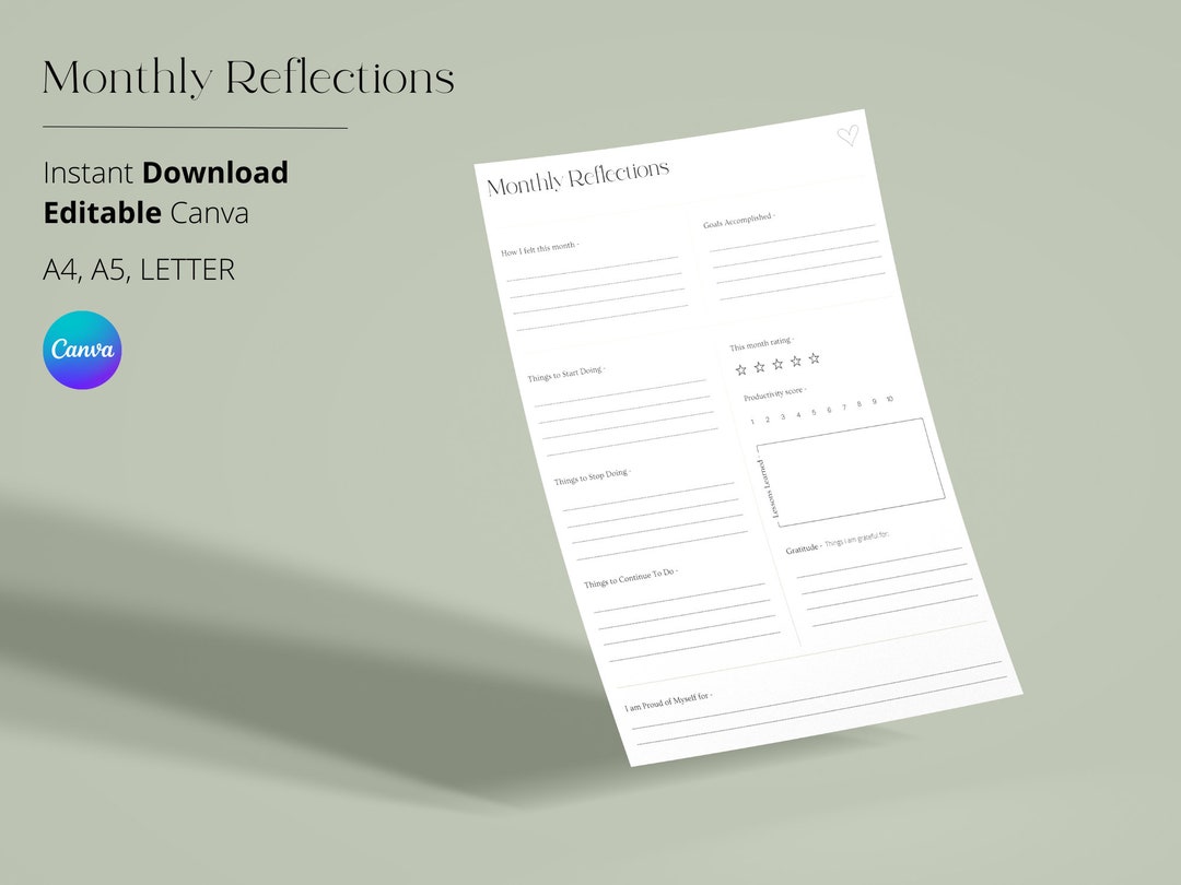Monthy Reflections Monthly Reflections Printable Journal Entry Rating - Etsy