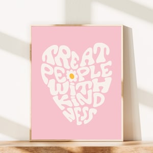 Treat People With Kindness Heart Digital Download Poster Print, Trendy Retro Motivational Wall Art, Preppy Dorm Decor, Groovy Art