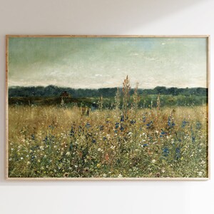 Fine Art Meadow Wall Art Printable, Living Room Wall Art, Above Bed Wall Print, Instant Download, Vintage Muted Wildflower Landscape Print