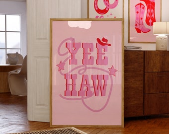 Trendy YeeHaw Western Cowboy Wall Art, Pink Aesthetic Cowgirl Poster, Preppy Dorm Wall Art Printable, Disco Cowgirl Digital Art
