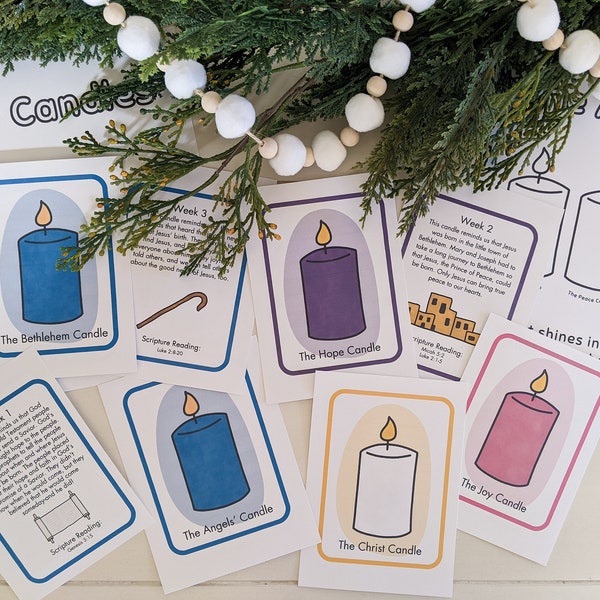 Advent Candle Cards (Younger children) Printable - Advent Wreath - Christmas Countdown - Preschool Christmas - Family Devotion
