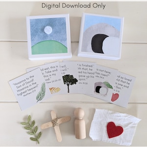 Peut inclure: Téléchargement numérique DIY Easter in a Box comprenant des instructions, des cartes et des images imprimables. L'ensemble comprend une petite croix en bois, une figurine en bois, un tissu blanc avec un cœur rouge et un jeu de cartes avec des versets sur le thème de Pâques.