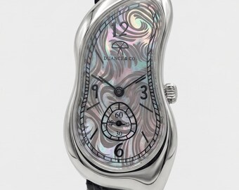 Silver & Black, Melting Watch, Quartz Stainless Steel, Surrealist Art Design, Leather Band, Warped Watch, Mother of Pearl Dial