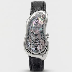 Silver & Black, Melting Watch, Quartz Stainless Steel, Surrealist Art Design, Leather Band, Warped Watch, Mother of Pearl Dial