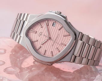Pink Melting Watch, Automatic Stainless Steel, Custom Designed Timepiece, Twisting, Homage